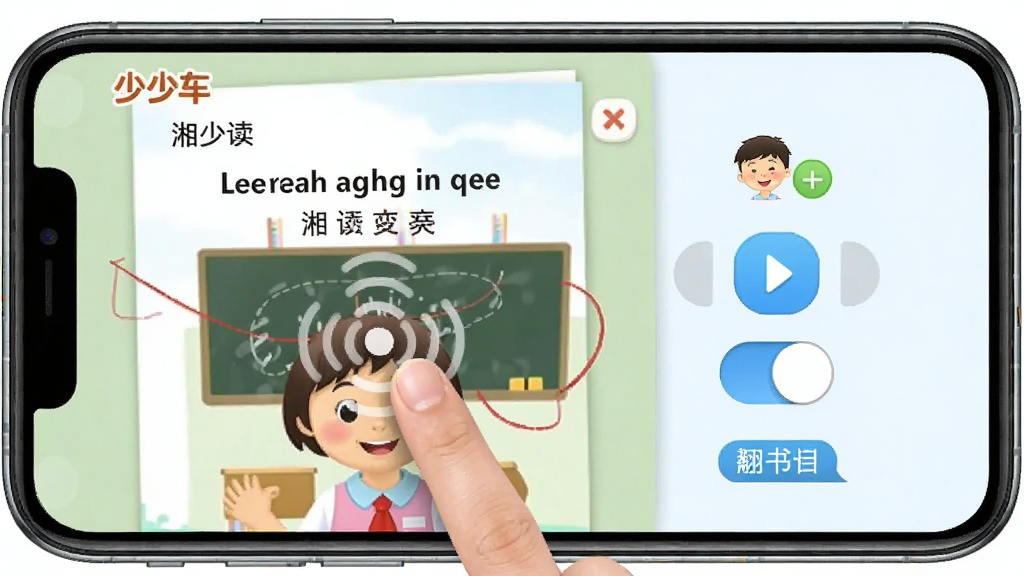湘少英语点读功能展示图,主体为手机屏幕内显示湘少版英语课本点读界面,布局左侧为课本页面、右侧为点读控制按钮,排版上英文句子下方带中文翻译开关,风格为真实App截图风格,细节包含手指点读动作、发音波纹、翻译标签,画质清晰干净,无多余元素