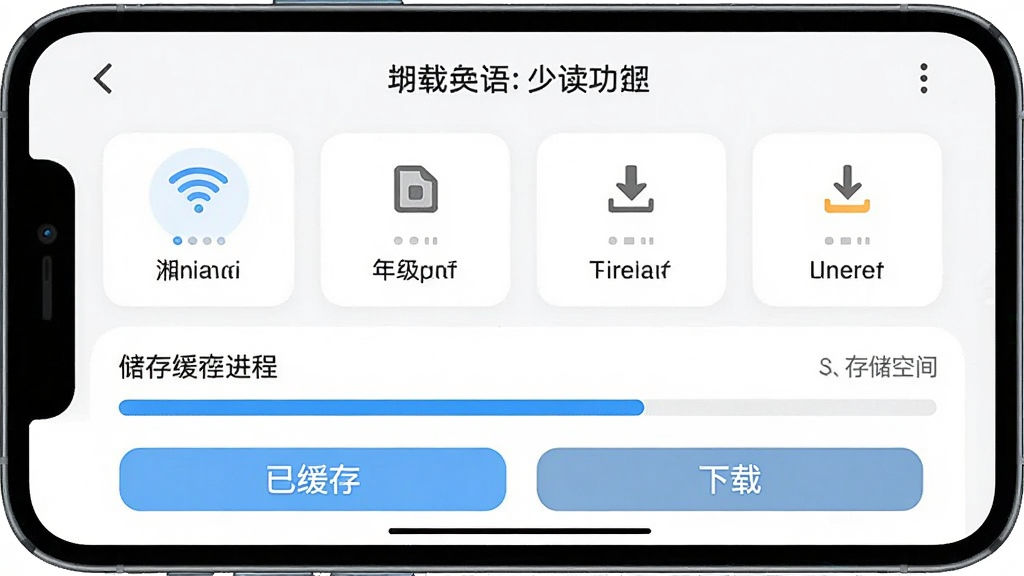 湘少英语点读离线缓存功能示意图,主体为手机界面显示下载管理页面,布局上方为年级册次列表、下方为缓存进度条,排版上带有“已缓存”和“下载”按钮,风格为简洁工具类App设计,细节包含WiFi图标、下载箭头、存储空间提示,画质干净高清,无多余元素