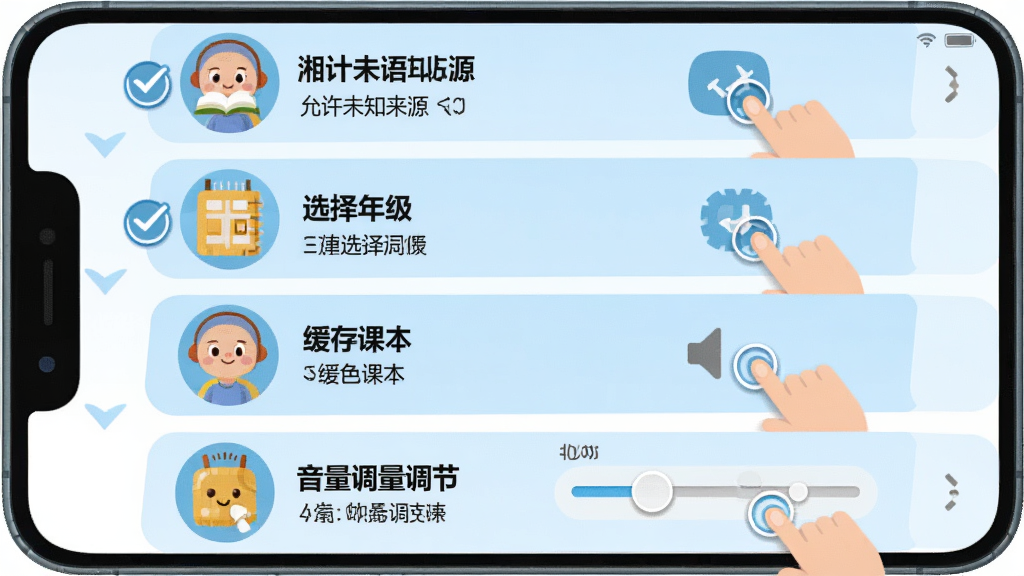 湘少英语点读安装设置流程图,主体为手机屏幕分步操作界面,布局从上到下依次展示允许未知来源、选择年级、缓存课本、音量调节四个步骤,排版上每步配图标和简短文字说明,风格为教程类扁平化设计,细节包含手指点击动画、勾选标记、音量滑块,画质干净高清,无多余元素