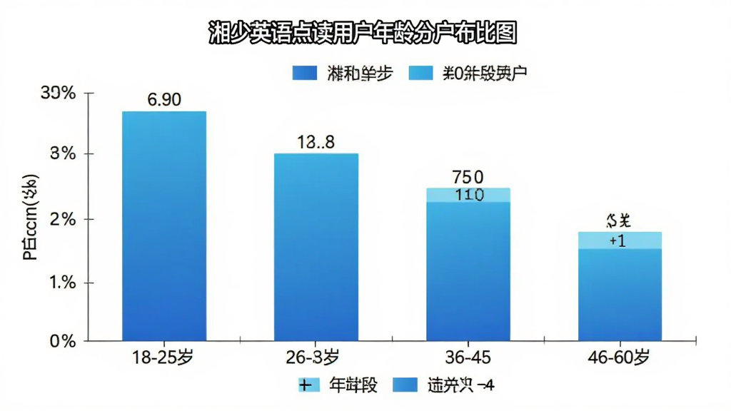 湘少英语点读用户年龄分布柱状图,主体为柱状图展示不同年龄段用户占比,布局横轴为年龄段18-25岁、26-35岁、36-45岁、46-60岁,纵轴为百分比,排版上柱子用蓝色渐变,风格为数据可视化图表,细节包含数值标签、图例说明,画质干净高清,无多余元素