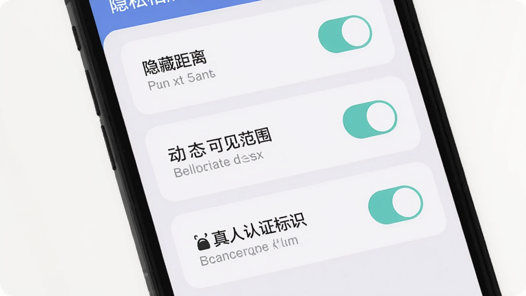 ��������App����˽���ý��棬�ֻ���Ļ��ʾ������ذ�ť���������ؾ��롢��̬�ɼ���Χ��������֤��ʶ��ѡ������Կ�Ƭ��ʽ���У���ɫ��ͣ�����ƽ�����ʸɾ����޶���Ԫ��