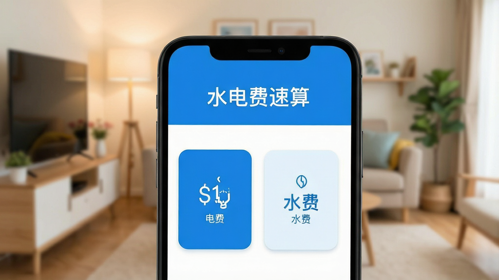 一张展示手机屏幕特写的图片,屏幕中央是水电费速算App的简洁主界面,顶部显示“水电费速算”字样,中间是电费和水费两个大按钮,背景是温馨的家庭客厅虚化场景,画面风格清新现代,色彩以蓝白为主,画质干净无多余元素