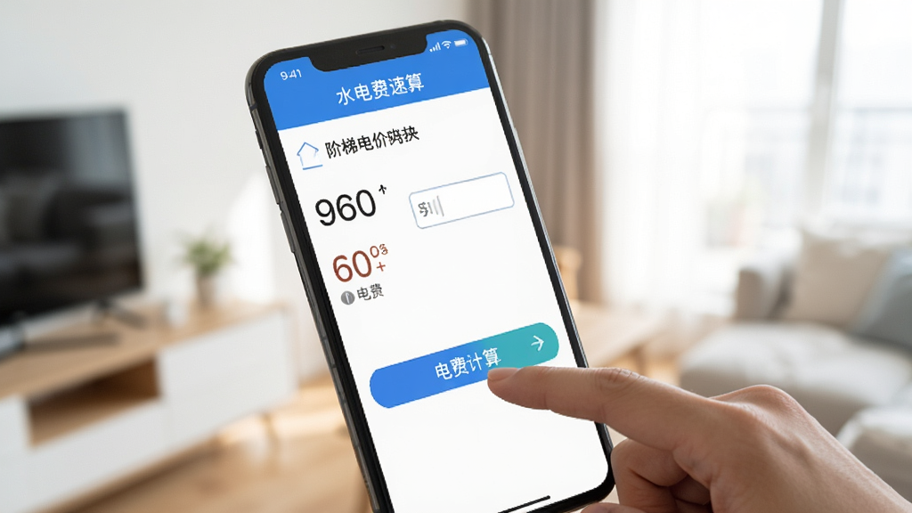 一张展示手机界面截图的图片,画面中一只手正在点击水电费速算App里的电费计算按钮,屏幕上方显示阶梯电价选项和输入框,背景是明亮的室内环境,风格简洁实用,画质清晰