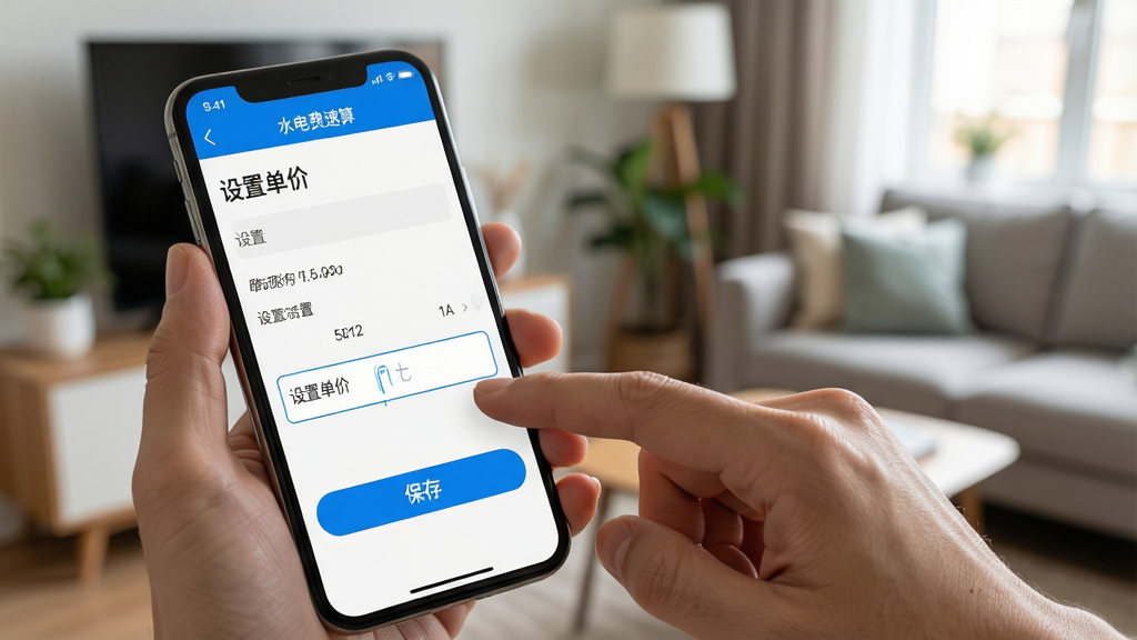 一张展示手机界面的图片,画面中用户正在水电费速算App的设置页面修改电价单价,手指点击输入框,屏幕显示“设置单价”和“保存”按钮,背景是家居环境,风格写实,画质清晰