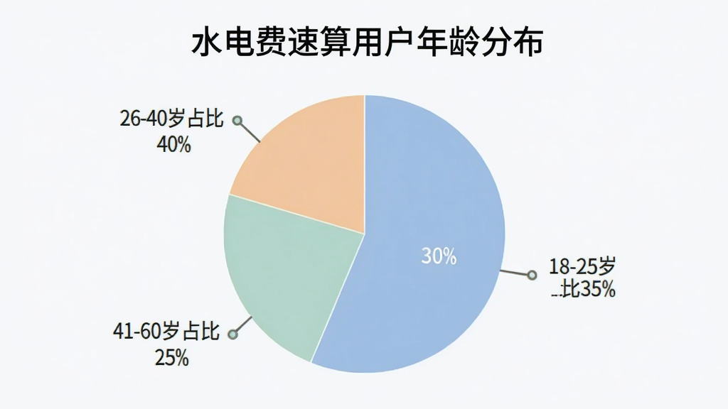 一张信息图表,展示水电费速算用户年龄分布饼状图,图中标注18-25岁占比35%,26-40岁占比40%,41-60岁占比25%,图表风格简洁现代,配色柔和,背景干净无多余元素