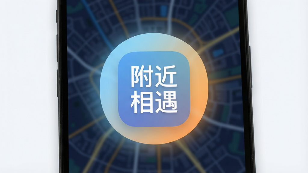 一张手机屏幕展示界面,画面中央是“附近相遇”App的启动图标,周围环绕着淡蓝色和暖橙色的光晕,背景是模糊的城市夜景地图轮廓,风格现代扁平化,细节圆润,画质清晰干净,无多余元素