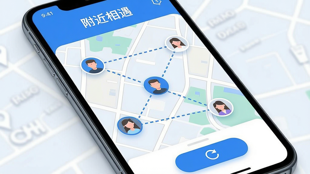 一张展示手机地图界面的图片,地图上分布着多个用户头像图标,图标之间有虚线连接,屏幕顶部写着“附近相遇”四个字,底部有一个刷新按钮,风格现代科技感,色调以蓝白为主,细节清晰,画质干净无多余元素