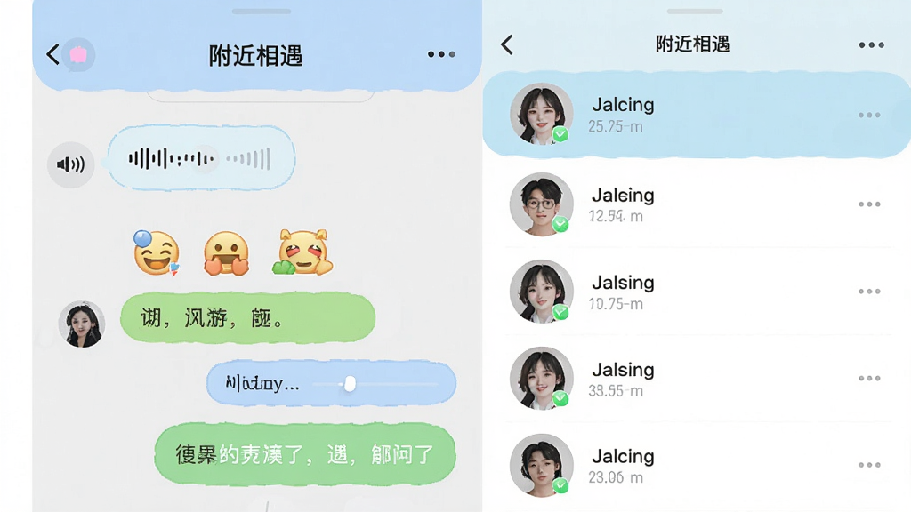 一张手机聊天界面截图,左侧是“附近相遇”App的聊天窗口,显示有语音条、表情包和文字消息,右侧是联系人列表,界面配色柔和,气泡设计圆润,整体风格简洁明快,画质清晰干净,无多余元素