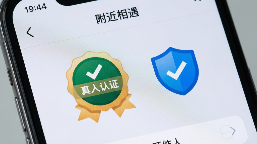 一张手机屏幕特写,展示“附近相遇”App的个人资料页,页面上有一个醒目的“真人认证”徽章图标,旁边有盾牌形状的安全标识,背景是柔和的浅灰色,风格严谨安全,画质清晰干净,无多余元素
