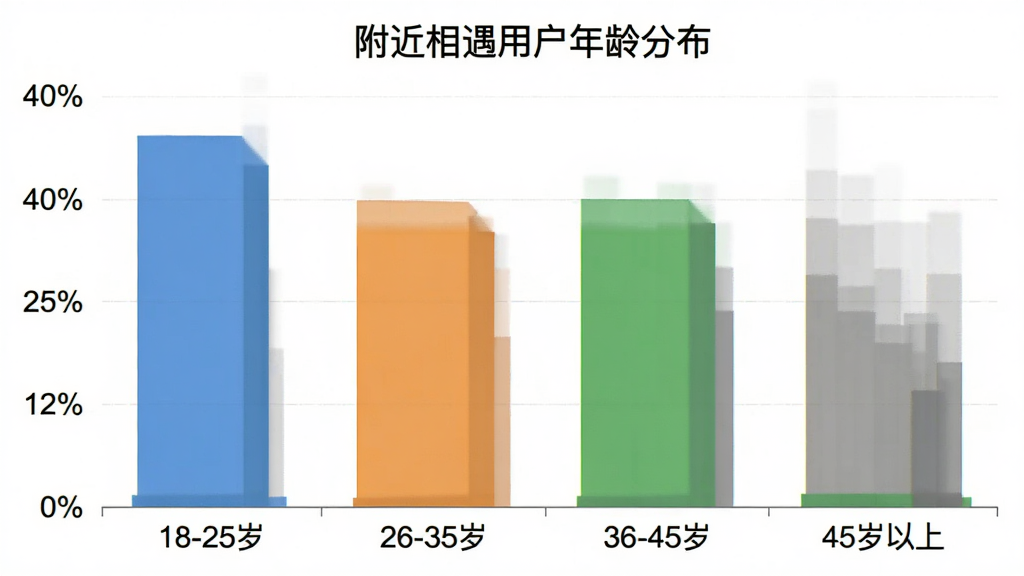 一张柱状图,横轴是“18-25岁、26-35岁、36-45岁、45岁以上”四个年龄段,纵轴是用户占比百分比,柱子颜色分别为蓝色、橙色、绿色、灰色,图表标题是“附近相遇用户年龄分布”,风格简洁现代,画质清晰干净,无多余元素