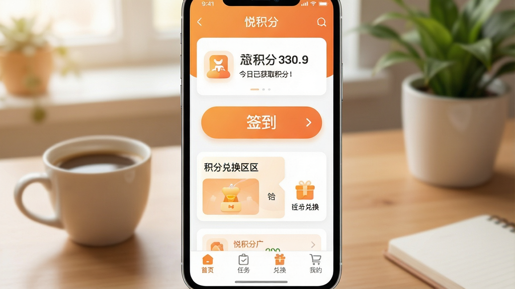 一张手机屏幕特写,画面中央是“悦积分”App的首页界面,顶部显示用户当前积分总额和今日已获取积分,中间是醒目的签到按钮和积分兑换专区入口,底部为首页、任务、兑换、我的四个导航标签。界面以暖橙色和白色为主色调,图标圆润,布局清爽。背景是温馨的居家桌面环境,有咖啡杯和绿植点缀。风格现代扁平化,画质干净清晰,无多余元素,图片中文字显示“悦积分”