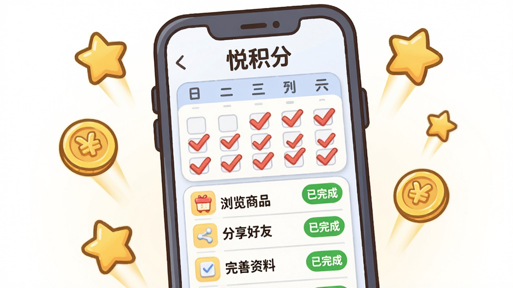 一张插画风格的图片,画面主体是一个卡通手机屏幕,屏幕上显示“悦积分”的签到日历和任务列表,日历上打满了红勾,任务列表里有“浏览商品”“分享好友”“完善资料”等条目,每条后面都有绿色的“已完成”标记。屏幕周围飘浮着金币和星星的图标。风格可爱活泼,色彩明亮,画质干净,无多余元素
