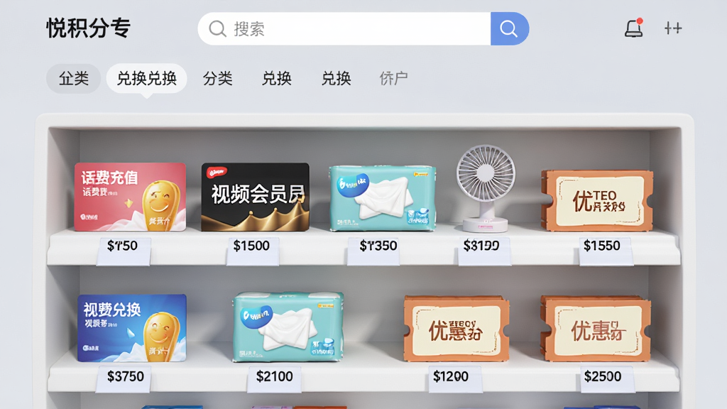 一张电商风格的展示图,画面中是一个虚拟的“悦积分”兑换专区页面,货架上整齐摆放着各种兑换商品,包括话费充值卡、视频会员月卡、纸巾、小风扇、优惠券等,每件商品下方都标有对应的积分价格。页面顶部有搜索框和分类标签。背景是柔和的浅灰色,风格简洁现代,画质干净,图片中文字显示“悦积分兑换专区”