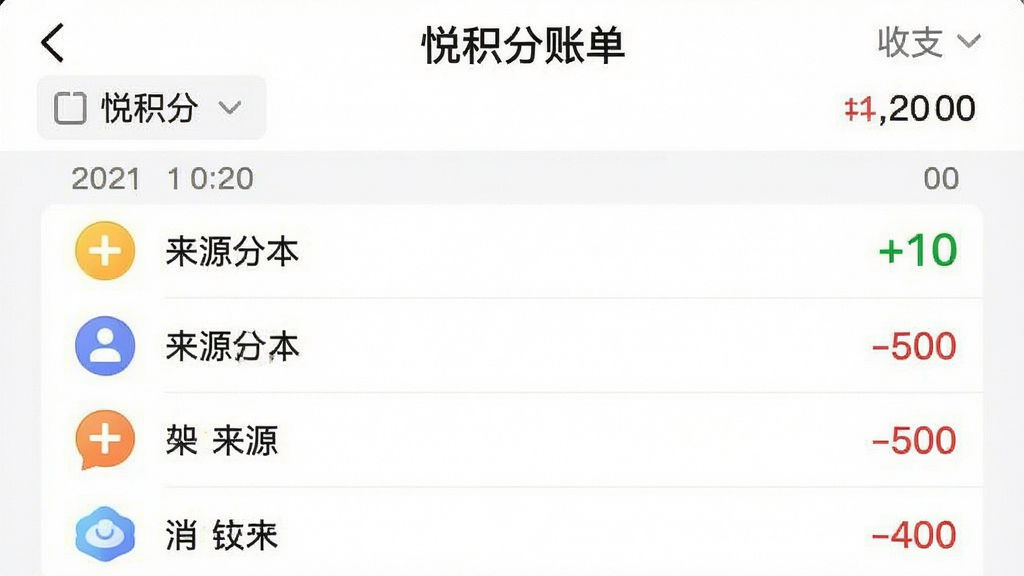 一张手机截图风格的图片,画面展示“悦积分”的积分明细页面,列表按时间倒序排列,每一条记录左边是图标和来源说明,右边是绿色的“+10”或红色的“-500”积分变动数字。顶部有月份筛选器和收支汇总。界面以白色为底,文字清晰,风格简约,画质干净,图片中文字显示“悦积分账单”