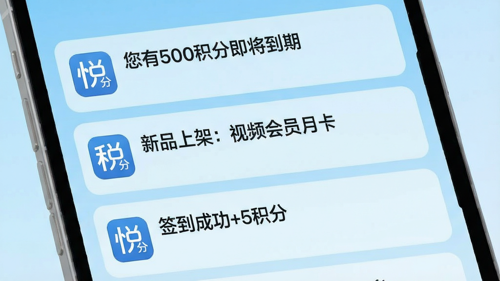 一张扁平化设计的通知中心界面图,画面中是一个手机通知列表,顶部几条通知分别写着“您有500积分即将到期”“新品上架:视频会员月卡”“签到成功+5积分”,每条通知左侧都有“悦积分”的小图标。背景是浅蓝色渐变,风格清爽,画质干净,无多余元素