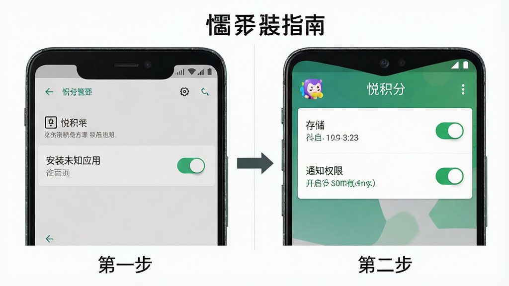 一张步骤示意图,画面分为左右两部分,左边是安卓手机设置界面的“安装未知应用”开关,右边是“悦积分”App的权限管理页面,显示存储和通知权限已开启。中间用箭头连接,下方有简单的文字标注“第一步”“第二步”。风格简洁明了,画质干净,图片中文字显示“悦积分安装指南”