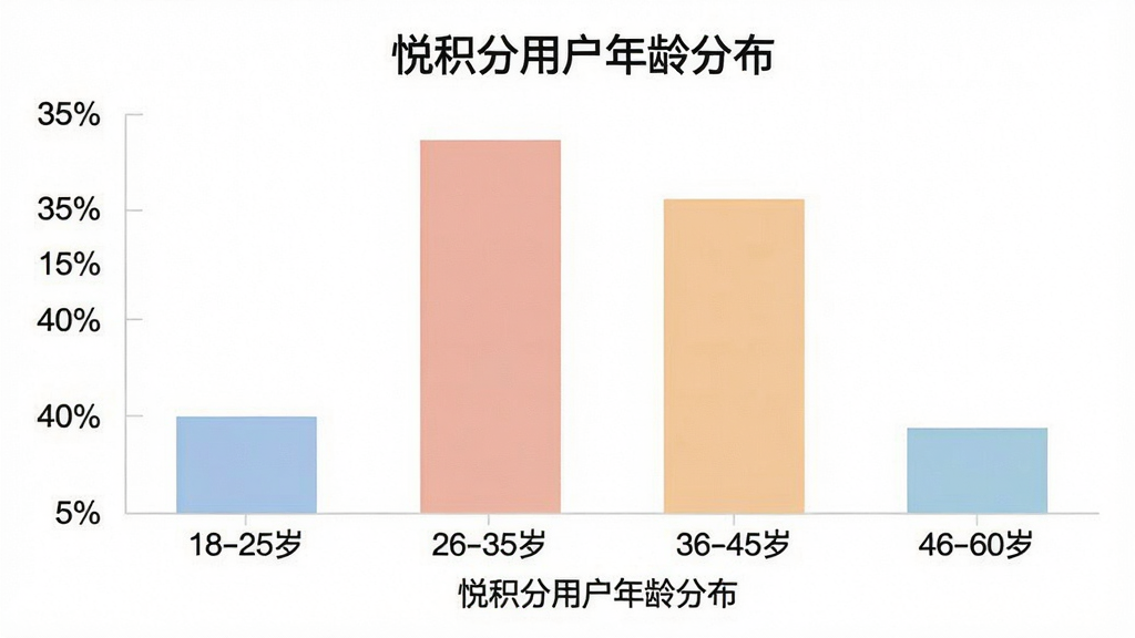 一张柱状图,横轴为年龄段“18-25岁”“26-35岁”“36-45岁”“46-60岁”,纵轴为用户占比百分比,柱状图显示26-35岁占比最高约35%,36-45岁约30%,18-25岁约20%,46-60岁约15%。图表标题为“悦积分用户年龄分布”,配色柔和,风格简洁,画质干净,图片中文字显示“悦积分用户年龄分布”