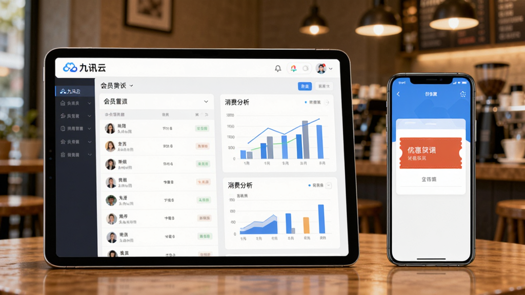 九讯云会员管理后台界面展示,画面中是一个平板电脑屏幕,上面显示着会员列表和消费分析图表,旁边有手机端推送优惠券的示意图,背景是暖色调的咖啡厅环境,风格商务休闲,细节清晰,画质干净无多余元素,屏幕上方有九讯云标志