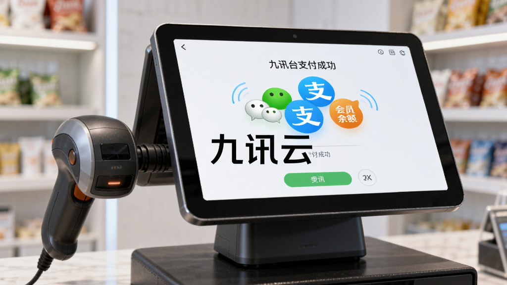 九讯云收银台聚合支付场景特写,画面主体是一台连接着扫码枪的收银设备,屏幕上显示着聚合支付成功界面,同时有微信、支付宝、会员余额的图标聚合在一起,背景是模糊的店铺环境,风格简洁科技感,细节清晰,画质干净明亮,图片中央带有九讯云文字标识