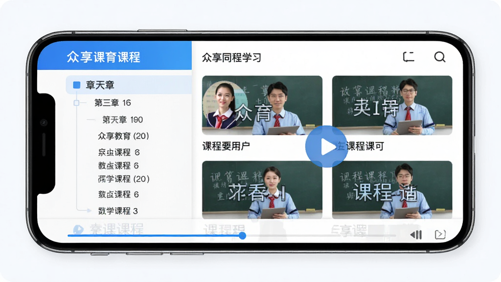 ��������App�γ�ѧϰ���棬�ֻ���Ļ��ʾ��ѧͬ���γ��б���������½���״Ŀ¼���Ҳ��ǿγ���Ƶ����ͼ����Ƶ��������ʦͷ��Ϳγ̱��⣬�ײ��в��Ž������������԰�ɫ����ɫΪ���������ˬ�ɾ������ʸ���