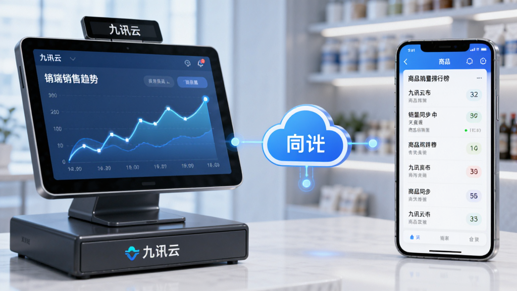 九讯云多端数据同步与报表分析展示图,画面左侧是收银机屏幕显示销售趋势折线图,右侧是手机屏幕显示商品销量排行榜,中间有云同步图标连接,风格现代科技,布局清晰,细节精致,画质干净明亮,图片中带有九讯云文字