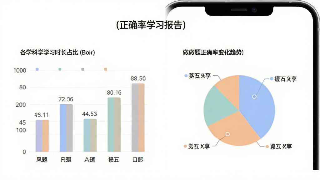��������Appѧϰ����ҳ�棬�ֻ���Ļչʾ��״ͼ�ͱ�״ͼ����ʾ��ѧ��ѧϰʱ��ռ�Ⱥ�������ȷ�ʱ仯���ƣ�ͼ����ɫ��ͣ����ݱ�ǩ�����ɼ���������ɫ����������רҵ�����ʸɾ�