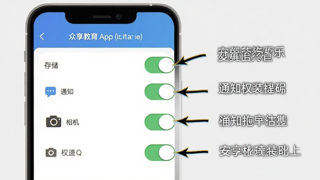 ��������App��װ���ý���ʾ��ͼ���ֻ���Ļ��ʾӦ��Ȩ�޹���ҳ�棬�����洢��֪ͨ�������Ȩ�޿��أ��Ա��м�ͷ��ע������˵��������ǳ��ɫ���������ֱ�ۣ����ʸɾ�������Ԫ��