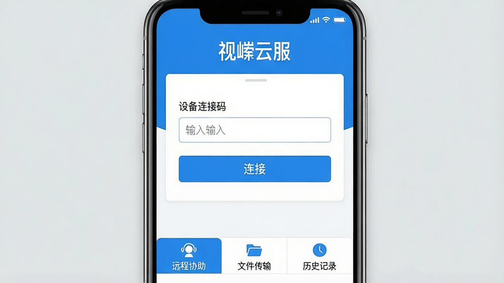 一张展示视嵘云服软件主界面的手机屏幕截图,画面中央是手机屏幕,屏幕内显示视嵘云服软件的主界面,界面布局简洁,顶部有“视嵘云服”文字标识,中间是设备连接码输入框和连接按钮,底部有“远程协助”“文件传输”“历史记录”三个功能选项卡,整体配色以蓝白为主,风格现代扁平,界面干净无多余元素,画质清晰,背景为浅灰色,无杂乱元素