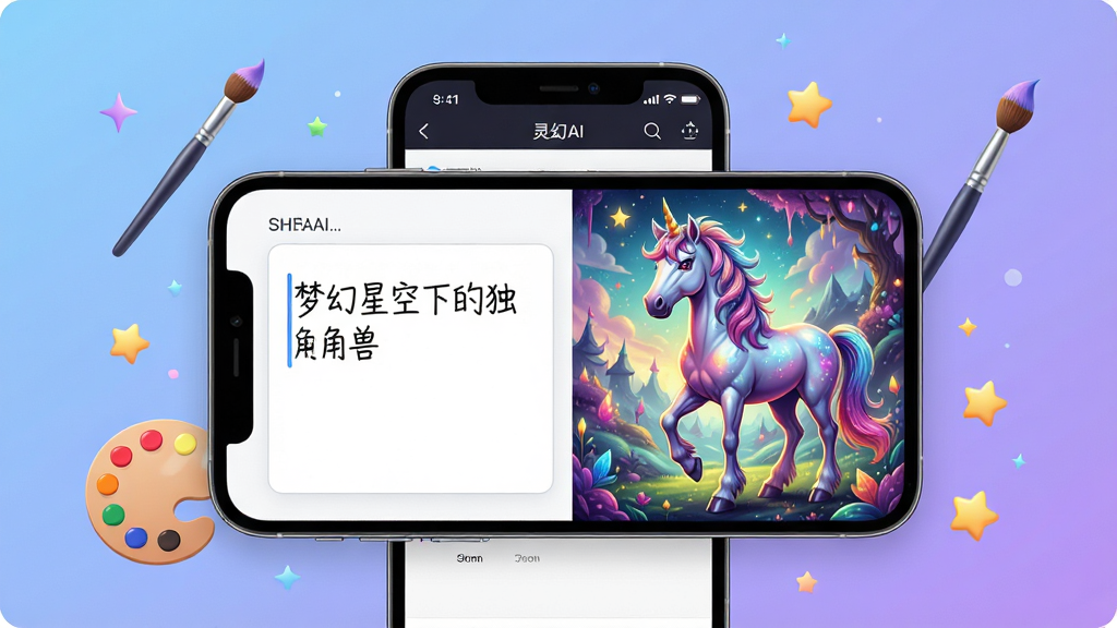 一张展示灵幻AI软件核心功能的宣传图,画面中央是手机屏幕,屏幕里显示灵幻AI的绘画生成界面,左侧是文字输入框写着“梦幻星空下的独角兽”,右侧是生成好的精美画作,画作色彩鲜艳细节丰富,手机周围漂浮着画笔、调色盘、星星等装饰元素,背景是柔和的蓝紫色渐变,整体风格现代科技感,画质清晰干净,无多余元素