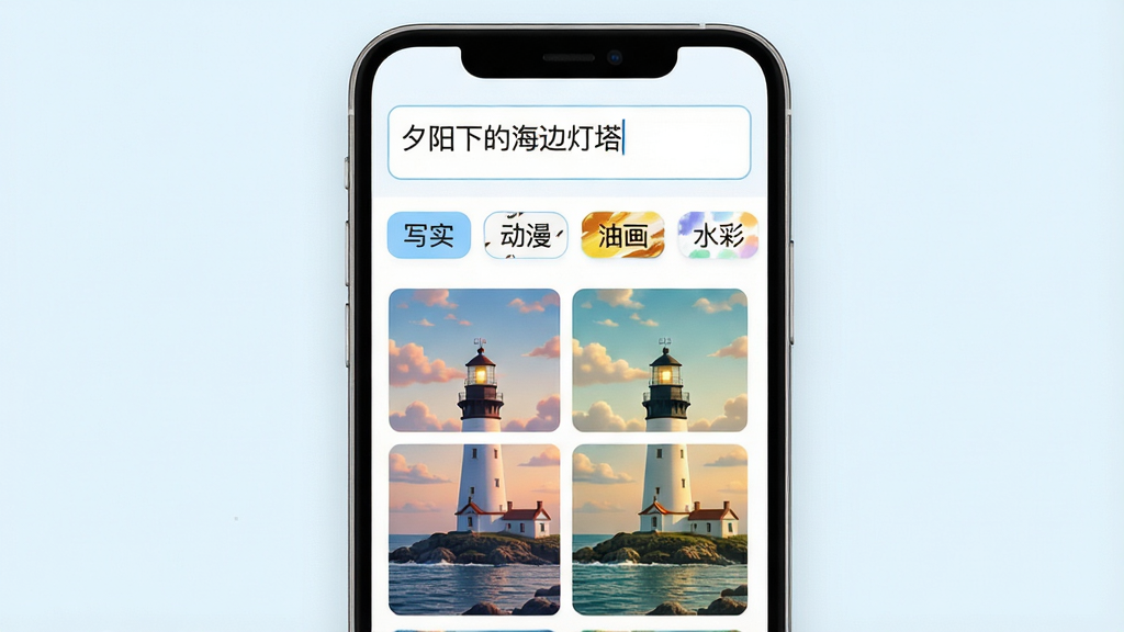 一张展示灵幻AI文字转图片功能的界面截图,画面主体是手机屏幕,屏幕上方是文字输入框,框内写着“夕阳下的海边灯塔”,下方是风格选择按钮,包括“写实”“动漫”“油画”“水彩”,再下方是生成好的四张不同风格的灯塔图片缩略图,界面布局清晰,以白色和浅蓝色为主色调,风格简洁现代,画质干净,无多余元素