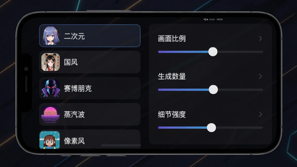 一张展示灵幻AI风格模板和参数调节功能的界面图,画面主体是手机屏幕,屏幕左侧展示风格模板列表,包括“二次元”“国风”“赛博朋克”“蒸汽波”“像素风”等选项,右侧是参数调节滑块,标注“画面比例”“生成数量”“细节强度”,界面以深色模式呈现,文字清晰,布局合理,风格科技感十足,画质干净,无多余元素