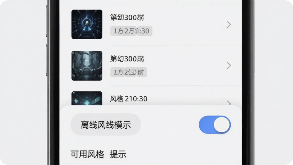 一张展示灵幻AI历史记录和离线功能的界面图,画面主体是手机屏幕,屏幕上半部分显示历史记录列表,每条记录有缩略图、生成时间和风格标签,下半部分显示“离线模式”开关按钮和可用风格提示,界面布局清晰,以浅灰色和白色为主,风格简约实用,画质干净,无多余元素
