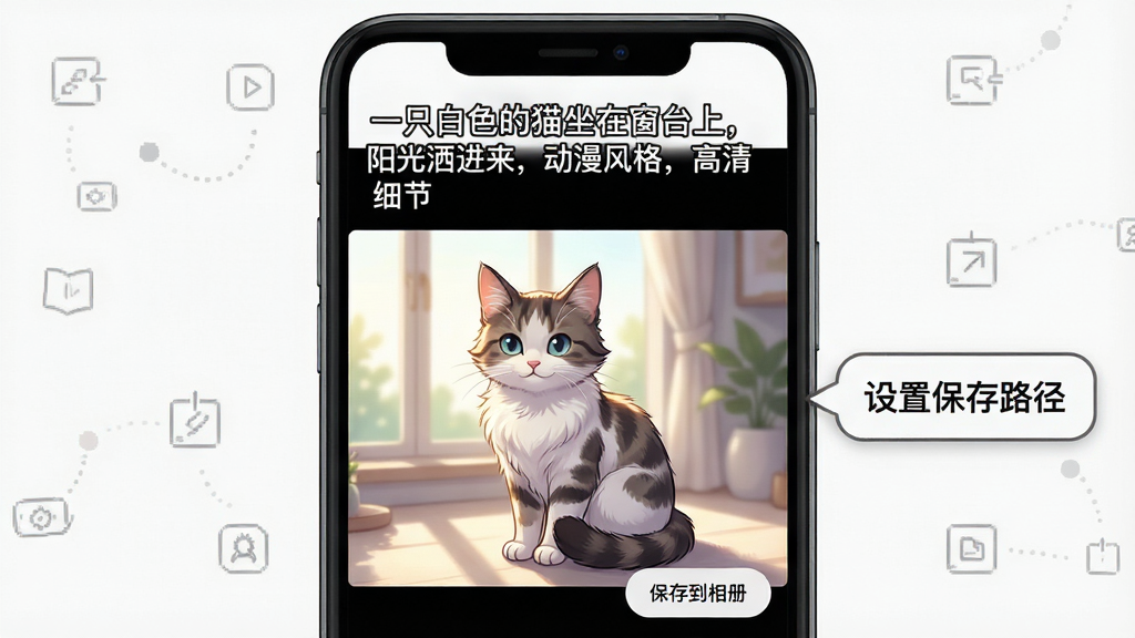 一张展示灵幻AI使用技巧的示意图,画面主体是手机屏幕,屏幕上方显示一段描述词“一只白色的猫坐在窗台上,阳光洒进来,动漫风格,高清细节”,下方是生成好的精美动漫风格猫咪图片,图片旁边有“保存到相册”按钮,画面右侧有“设置保存路径”的提示气泡,整体风格清晰直观,画质干净,无多余元素