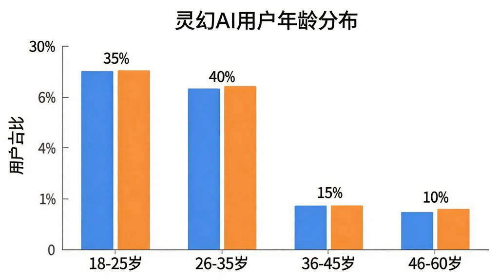 一张展示灵幻AI用户年龄分布的柱状图,横轴标注“18-25岁”“26-35岁”“36-45岁”“46-60岁”,纵轴标注“用户占比”,柱状图显示18-25岁占比35%,26-35岁占比40%,36-45岁占比15%,46-60岁占比10%,图表配色以蓝色和橙色为主,风格简洁明了,数据标签清晰,画质干净,无多余元素