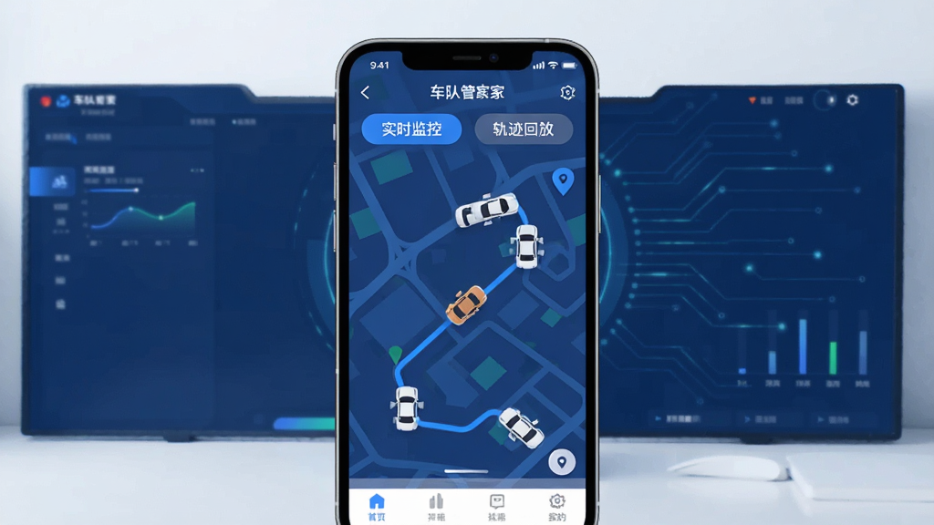 ���ӹܼҹ��ܽ���չʾ������������һ�������ֻ�����Ļ��ʾ���ӹܼ�APP�ĵ�ͼ��λҳ�棬��ͼ���м�������ͼ������·���ƶ�����Ļ�Ϸ��С�ʵʱ��ء��͡��켣�طš���ť�������Ǽ�������ɫ�Ƽ��н��棬����ִ���ƽ�����ʸɾ��޶���Ԫ��