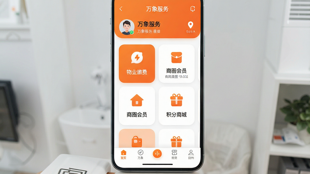 һ���ֻ���Ļչʾ���棬���������ǡ��������App����ҳ��������ʾ�û�ͷ��Ͷ�λ���м��ǿ�Ƭʽ���ֵĹ�����ڣ�������ҵ�ɷѡ���Ȧ��Ա�������̳ǵ�ͼ�꣬�ײ��ǵ��������������ִ���࣬�Գ�ɫ�Ͱ�ɫΪ��ɫ����Բ�ǿ�Ƭ��ƣ������ɾ��������������޶���Ԫ��