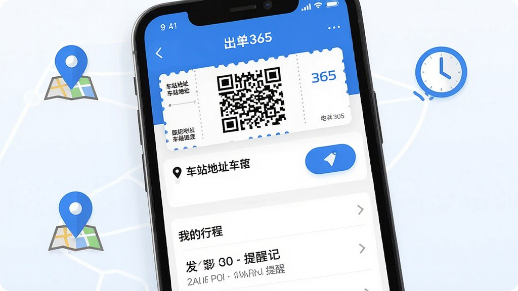 ����365��վ�������г̹������棬�ֻ���Ļ��ʾ����365�Ķ�������ҳ���Ϸ��ǵ��ӿ�Ʊ��ά�룬�м��ǳ�վ��ַ�͵�����ť���·��ǡ��ҵ��г̡��б�����������ʱ�����ѣ���Ļ��Χ�е�ͼ��λͼ���ʱ��ͼ�꣬��������ˬ��������ɫ����ƽ����ƣ�ϸ�����������ʸɾ����޶���Ԫ��