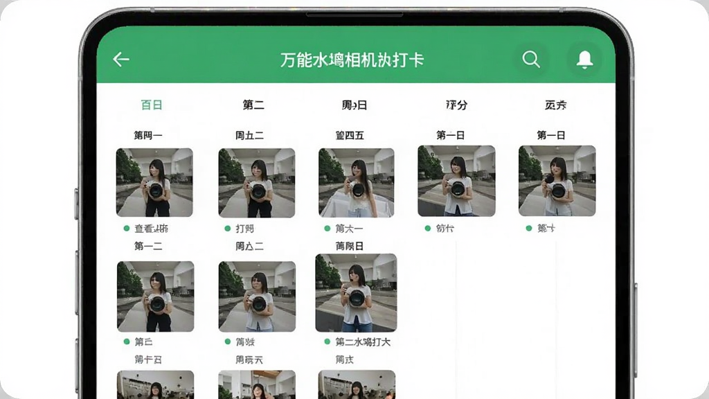 ����ˮӡ����򿨴򿨼�¼�������棬�ֻ���Ļ��������ʽչʾÿ�մ���Ƭ����ͼ�����ĳһ��ɲ鿴��ͼ�������԰�ɫ����ɫΪ��ɫ��������������������¼�࣬���ʸɾ��޶���Ԫ��