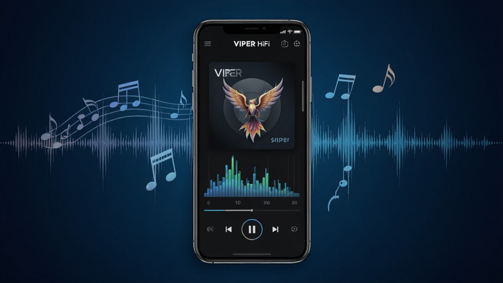 һ��չʾVIPER HiFi��������ȫò��ͼƬ������������һ�������ֻ����ֻ���Ļ����ʾ��VIPER HiFi�������������棬��������ɫΪ��ɫ�����м���ר�������Ƶ�������������·��в��ſ��ư�ť���ֻ���Χ��������������������������������ɫ���䣬����ִ��Ƽ��У������������ɾ��޶���Ԫ�ء�