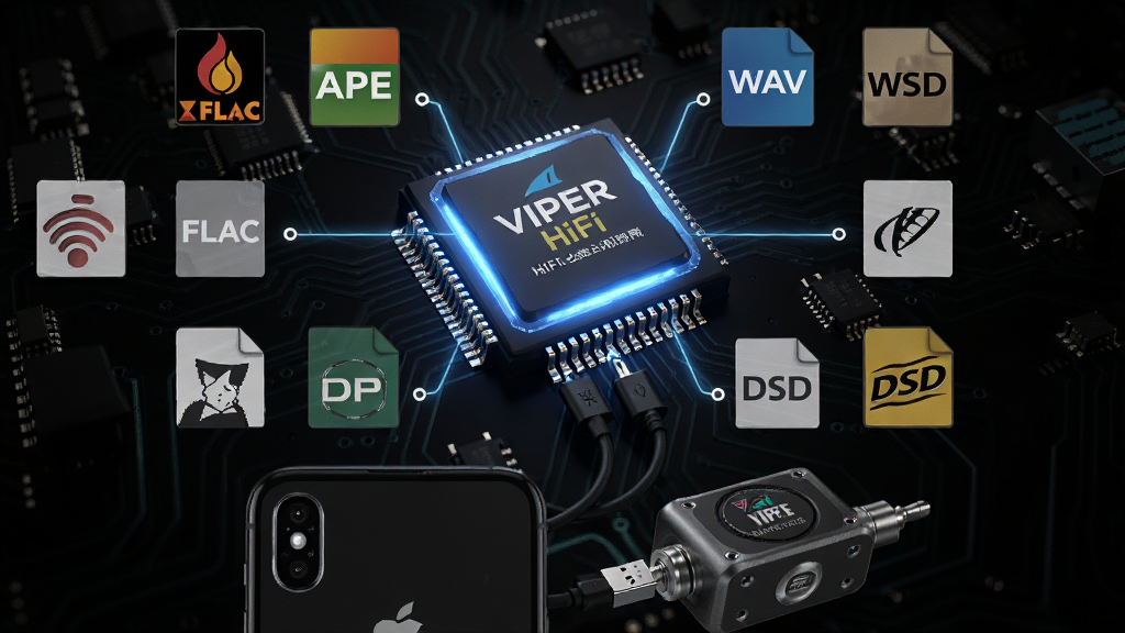 һ��չʾVIPER HiFiȫ��ʽӲ��֧�ֹ��ܵ�ͼƬ������������һ���������Ƶ����оƬ��оƬ��Χ�����Ÿ�����Ƶ��ʽ��ͼ�꣬��FLAC��APE��WAV��DSD�ȣ�оƬ�·���һ���ֻ�ͨ��USB��������һ����Яʽ������ţ���������ɫ��·�����������Ӳ�˿Ƽ��������������ɾ��޶���Ԫ�ء�