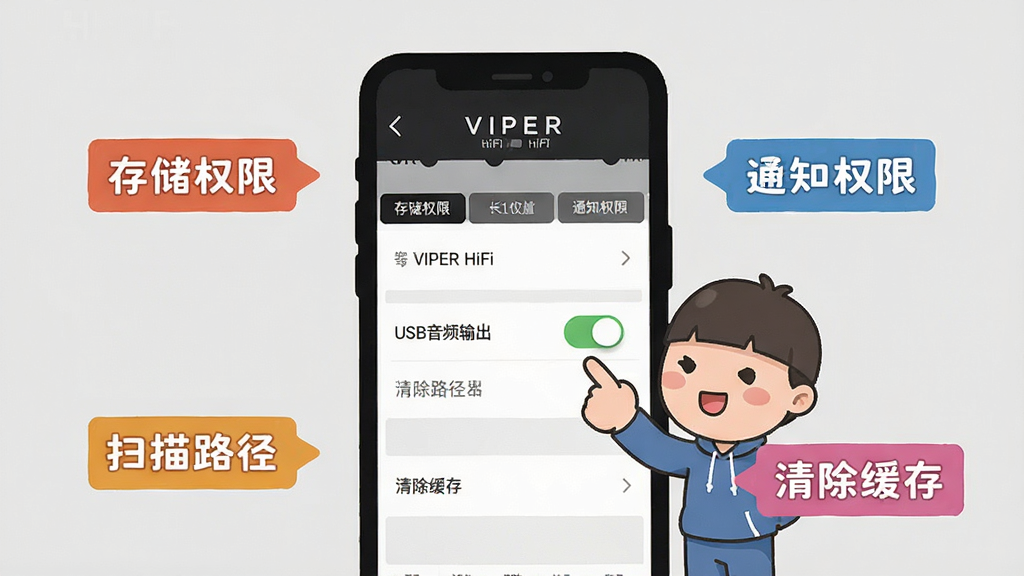 һ��չʾVIPER HiFi���ֱܿ�ָ�ϵ�ͼƬ��������һ���ֻ���Ļ��ʾVIPER HiFi�����ý��棬�������ж��ѡ����Ա���һ����ͨ����С��������ָ�š�USB��Ƶ��������أ��ֻ���Χ���ĸ���ɫ��ǩ�ֱ�д�š��洢Ȩ�ޡ���֪ͨȨ�ޡ���ɨ��·������������桹��������ǳ��ɫ������ƽ���廭�����ʸɾ��޶���Ԫ�ء�
