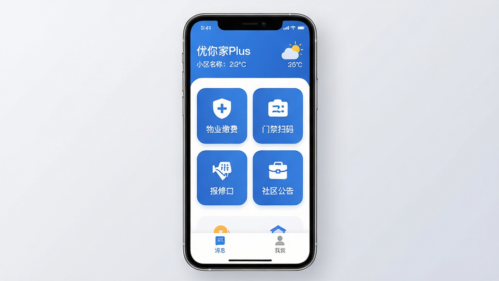 �����Plus App������չʾ������������һ̨�ִ������ֻ�����Ļ��ʾ�����Plus����ҳ��������ҵ�ɷѡ��Ž�ɨ�롢������ں����������Ĵ���ģ�顣���ֲ������½ṹ��������С�����ƺ�������Ϣ���в�Ϊ�ĸ�Բ�Ǿ��ι���ͼ�꣬�ײ�Ϊ��Ϣ���ҵ�ѡ����������ִ���Լ��������Ϊ��ɫ����ͼ������Բ������������Ϊǳ��ɫ���䣬����ɾ����࣬�޶���Ԫ�أ��߷ֱ���UI��Ƹ廭�ʡ�