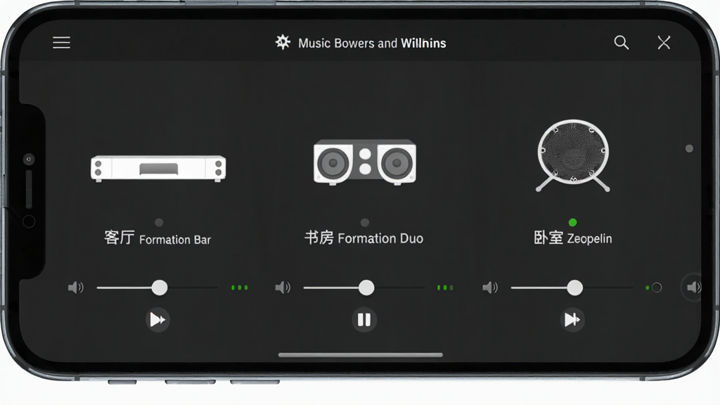һ��Music Bowers and Wilkins����������̨����Ľ����ͼ�������������ֻ���Ļ����Ļ����ʾ����̨��ͬ�ͺŵı���Τ������ͼ��������У��ֱ��ע�š�����Formation Bar�������鷿Formation Duo����������Zeppelin����ÿ��ͼ���·����ж�������������Ͳ���״ָ̬ʾ�����汳�������ɫ�����ֺ�ͼ��Ϊ��ɫ���Ű������в�Σ���񼫼��ִ������ʸɾ��޶���Ԫ��