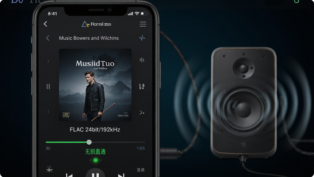 һ��չʾMusic Bowers and Wilkins�������Ÿ߽�����Ƶ�Ľ���ͼ�������������ֻ���Ļ��д����Ļ����ʾ��һ�����ڲ��ŵ���Ŀ��Ϣ��ר�������·�������ע�š�FLAC 24bit/192kHz���������������·��С�����ֱͨ������ɫָʾ�ƣ��ֻ��Ҳ�������һ̨Formation Duo�����ʾ��ͼ��������������������ɢ����������ɫ���䣬���Ƽ���ʮ�㣬��������ϸ�壬�޶���Ԫ��