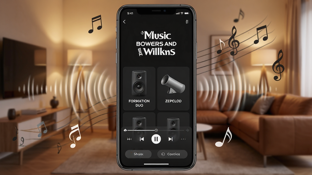һ��չʾMusic Bowers and Wilkins�����������ͼƬ������������һ�������ֻ����ֻ���Ļ��ʾ����ɫ������App���棬���涥���ǡ�Music Bowers and Wilkins���İ�ɫLogo���м��������������������ӵ�Formation Duo�����Zeppelin��ͧ�����ͼ�꣬�ײ��ǲ��ſ���������Դ�л���ť���ֻ���Χ�����ż��������������������ţ���������ܰ�ľӼҿ���������ůɫ���ƹ⣬����ִ���࣬ϸ�����������ʸɾ��޶���Ԫ��