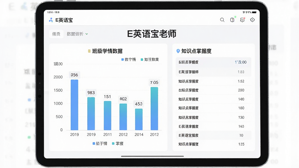 一张展示E英语宝老师数据分析界面的图片,主体为平板电脑屏幕,屏幕上显示班级学情数据图表,包括柱状图和知识点掌握度列表,布局为平板横屏居中,排版清晰,风格简约商务,细节包括图表上的数值标签和“E英语宝老师”标题文字,画质干净无多余元素