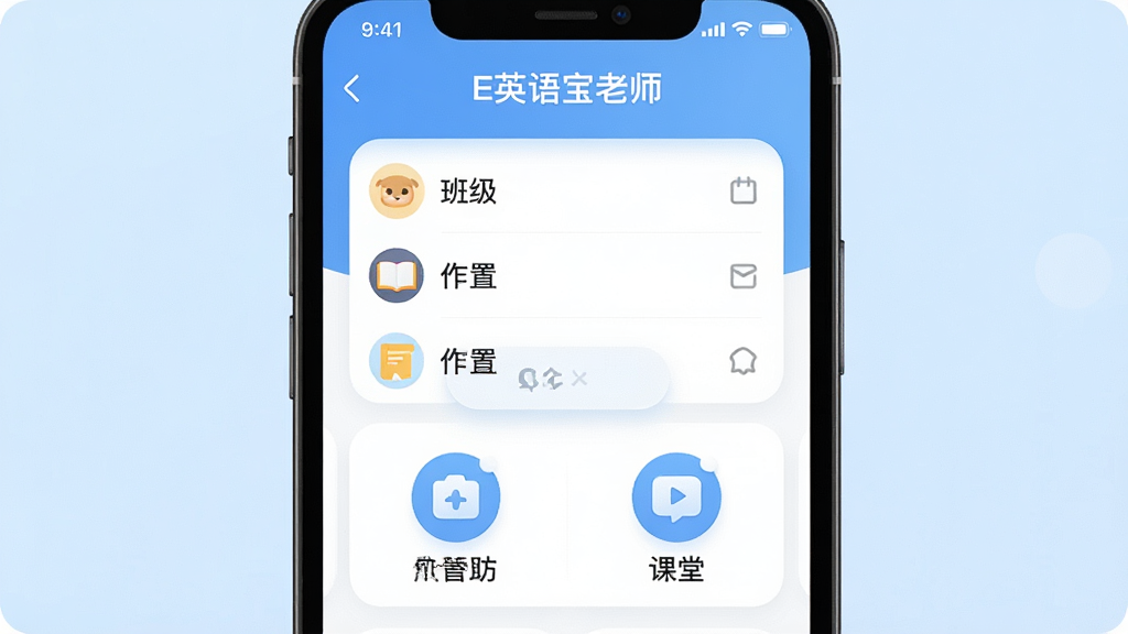 一张展示E英语宝老师App核心全貌的图片,主体为一部智能手机屏幕,屏幕上显示E英语宝老师App的主界面,界面中有班级列表、作业布置按钮和课堂互动图标,布局简洁清晰,排版为手机居中展示,风格现代扁平化,细节圆润,背景为浅蓝色渐变,画质干净无多余元素,屏幕上方可见“E英语宝老师”文字