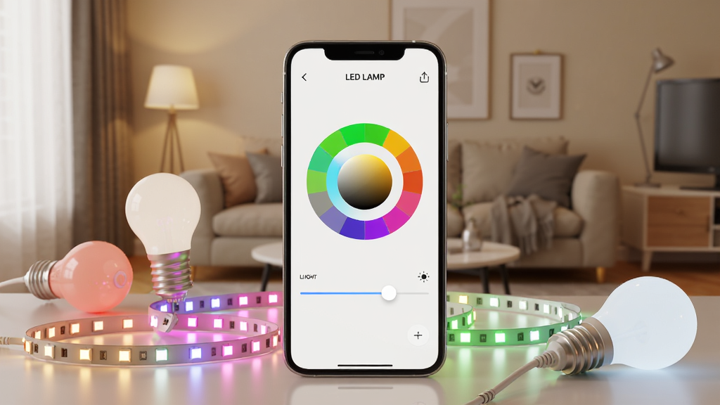 һ��չʾLED LAMP��������ȫò�ĳ���ͼ������������һ�������ֻ�����Ļ����ʾ��LED LAMP�Ŀ��ƽ��棬�������в�ɫԲ����ɫ�̺����Ȼ��飬�ֻ���Χ�����ŷ���Ĳ�ɫLED�ƴ��͵��ݣ���������ܰ�Ŀ������������岼�ּ�����ˣ�����ִ��Ƽ��У�ϸ�ڷḻ�����������ɾ����޶���Ԫ��