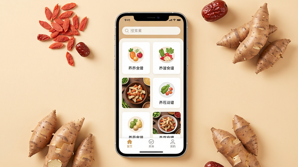 һ��չʾʳ����App����ȫò��ͼƬ������������һ���ֻ����ֻ���Ļ����ʾ��ʳ����App�������棬���涥�����������м��Ǹ�������ʳ�׵Ŀ�Ƭ�б�����Ƭ����ʳ��Сͼ������ƣ��ײ�������������ǩ���ֻ���Χɢ������轡����桢ɽҩ��ʳ��ʳ�ģ���������ů���׻�ɫ��������������Ȼ�����ʸɾ����޶���Ԫ�ء�