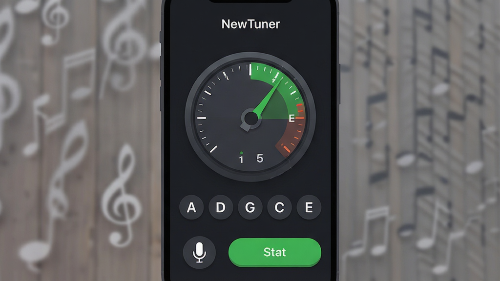 һ���ֻ�Ӧ�ý���չʾͼ������������NewTuner�������������棬��ɫ������������ʾ��NewTuner��Ӧ�����ƣ��м���һ��Բ�ε���׼�Ǳ��̣�ָ��ָ����ɫ�����·��б�׼����ĸA��D��G��C��E�İ�ť���ײ�����˷�ͼ��Ϳ�ʼ��ť�����岼�ּ�࣬����ִ���ƽ��ϸ��Բ�󣬻��ʸɾ��޶���Ԫ�أ��޶�������